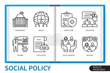 Illustration for Social policy infographics elements set. Government, society, legislation, social services, health care, welfare, reform, education. Web vector linear icons collection - Royalty Free Image