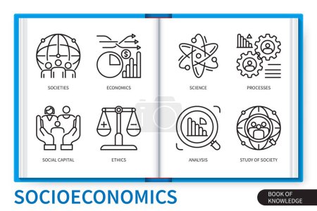 Illustration for Socioeconomics infographics elements set. Societies, economics, analysis, processes, ethics, study of society, science, social capital. Web vector linear icons collection - Royalty Free Image