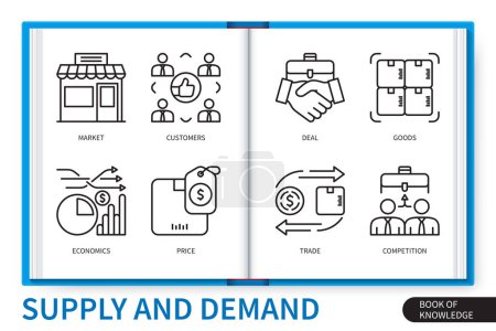 Illustration for Supply and demand infographics elements set. Market, customers, price, deal, economics, competition, trade, goods. Web vector linear icons collection - Royalty Free Image