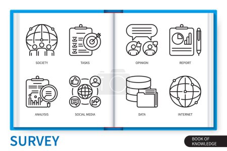 Illustration for Survey infographics elements set. Internet, analysis, social media, tasks, society, data, opinion, report. Web vector linear icons collection - Royalty Free Image
