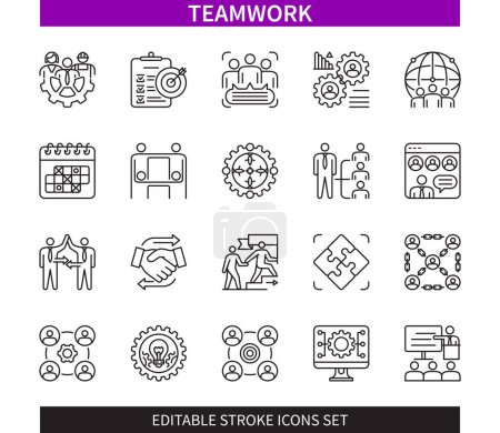 Illustration for Editable line Teamwork outline icon set. Society, communication, employees, common task, strong network, support, cooperation, leadership. Editable stroke icons EPS - Royalty Free Image