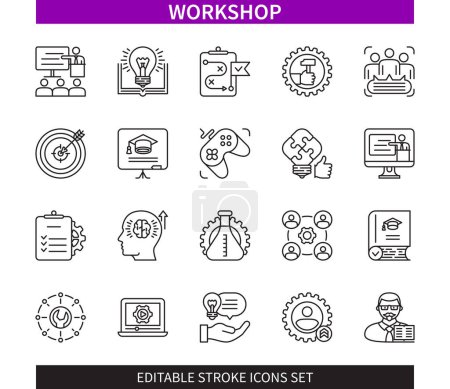 Illustration for Editable line Workshop outline icon set. Theory, practice, courses, explanation, idea, mentor, solution. Editable stroke icons EPS - Royalty Free Image