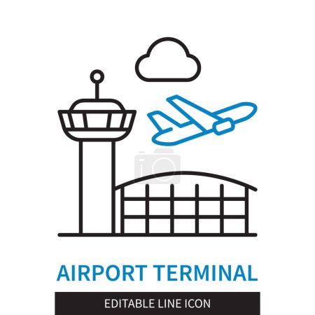 Illustration for Editable line Airport Terminal outline icon. Airplane taking off on the background of the airport. Editable stroke icon isolated on white background - Royalty Free Image
