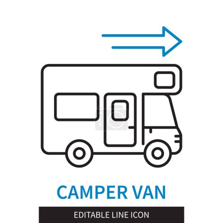Téléchargez les illustrations : Ligne modifiable icône de contour Camper Van. Voyagez en voiture. Aventure routière. Icône de course modifiable isolée sur fond blanc - en licence libre de droit
