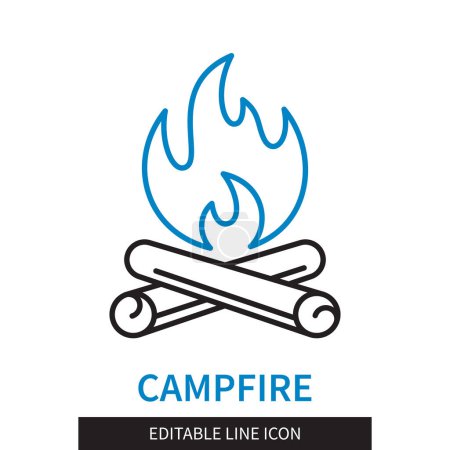 Illustration for Editable line Campfire outline icon. Two logs and fire above them. Editable stroke icon isolated on white background - Royalty Free Image