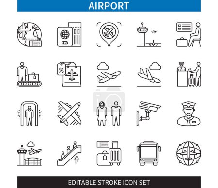 Illustration for Editable line Airport outline icon set. Plane, Takeoff, Landing, Customs, Check-in, Travel, Luggage, Security. Editable stroke icons EPS - Royalty Free Image