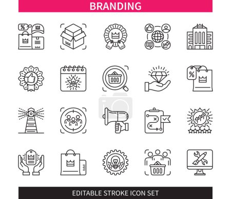 Ilustración de Línea editable Conjunto de iconos de esquema de marca. Producto, Descuento, Empresa, Innovación, Diseño, Consumidores, Merchandising, Reputación. Iconos de carrera editables EPS - Imagen libre de derechos