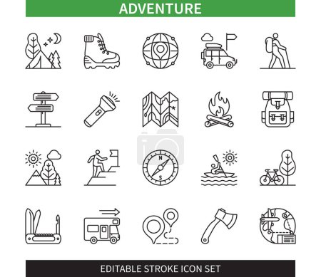 Illustration for Editable line Adventure outline icon set. Campfire, Map, Camper Van, Backpack, Tourism, Travel, Hiking, Kayak. Editable stroke icons EPS - Royalty Free Image