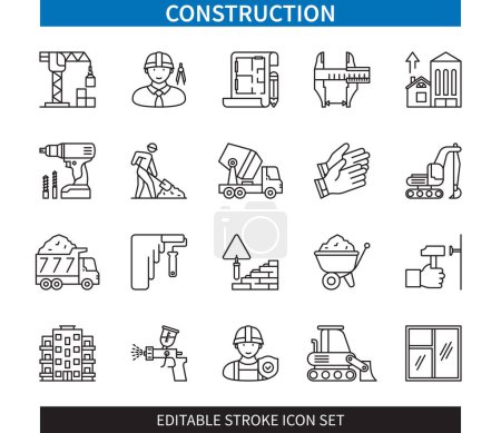 Línea editable Conjunto de iconos de esquema de construcción. Grúa, Bulldozer, hormigonera, excavadora, guantes de construcción, volquete, taladro, edificios. Iconos de carrera editables EPS