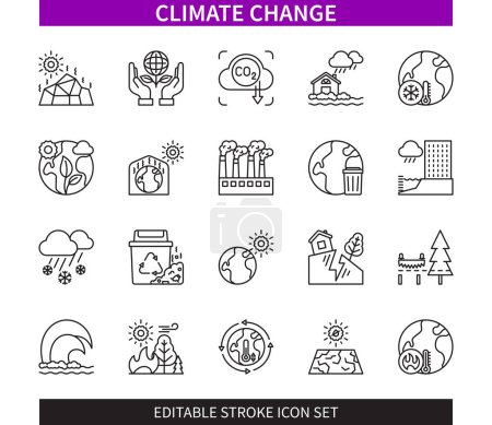 Illustration for Editable line Climate Change outline icon set. Air Pollution, Deforestation, Flooding, Earthquake, Wildfire, Drought, Solar Irradiance, Save Planet. Editable stroke icons EPS - Royalty Free Image