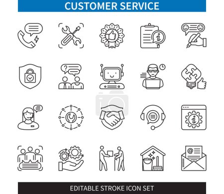 Illustration for Editable line Customer Service outline icon set. Feedback, Help, Assistance, FAQ, Information, Support, Problem Solving, Technical Support. Editable stroke icons EPS - Royalty Free Image