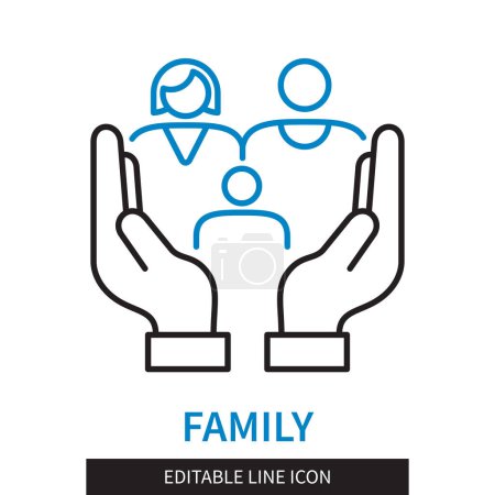 Illustration for Editable line Family outline icon. Caring hands hold family, father, mother and child. Editable stroke icon isolated on white background - Royalty Free Image