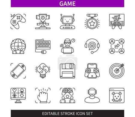 Illustration for Editable line Game outline icon set. Console, Online, Poker, Achievement, Controller, Mobile game, Gadget, Sharing. Editable stroke icons EPS - Royalty Free Image