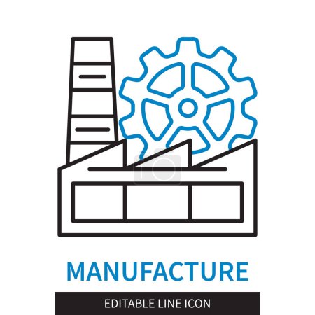 Illustration for Editable line Manufacture outline icon. Factory and gear sign in the background. Editable stroke icon isolated on white background - Royalty Free Image