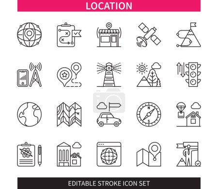 Illustration for Editable line Location outline icon set. Map, Pointer, Route, Vision, Compass, Satellite, Earth, Direction. Editable stroke icons EPS - Royalty Free Image