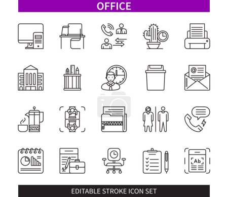 Illustration for Editable line Office outline icon set. Computer, Desk, Office Space, Printer, Working Time, Archive, Calling, Document. Editable stroke icons EPS - Royalty Free Image