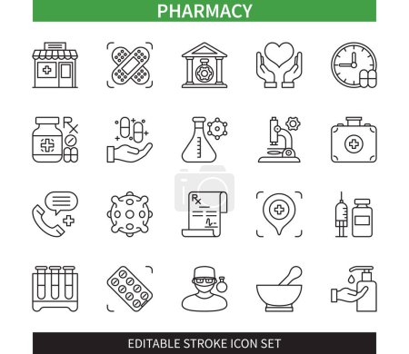 Illustration for Editable line Pharmacy outline icon set. Consulting, Bandage, Prescription, Medicine, Pharmacist, Healthcare, Laboratory, Doze. Editable stroke icons EPS - Royalty Free Image