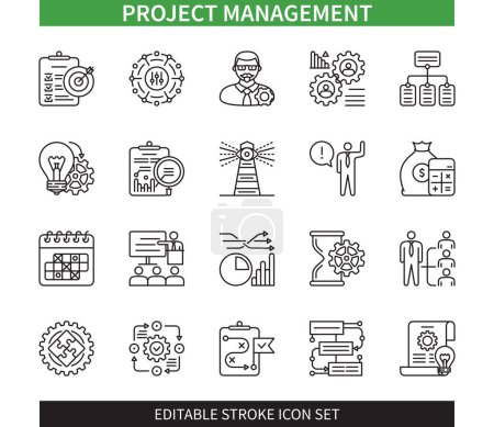 Illustration for Editable line Project Management outline icon set. Goal Settings, Planning, Monitor and Control, Tasks, Budget, Strategy, Execute, Documentation. Editable stroke icons EPS - Royalty Free Image
