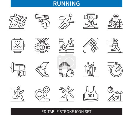 Ilustración de Línea editable Conjunto de iconos de esquema en ejecución. Sprint, Marathon, Win, Hurdle, Trophy, Distance, Cardio, Starting Pistol. Iconos de carrera editables EPS - Imagen libre de derechos