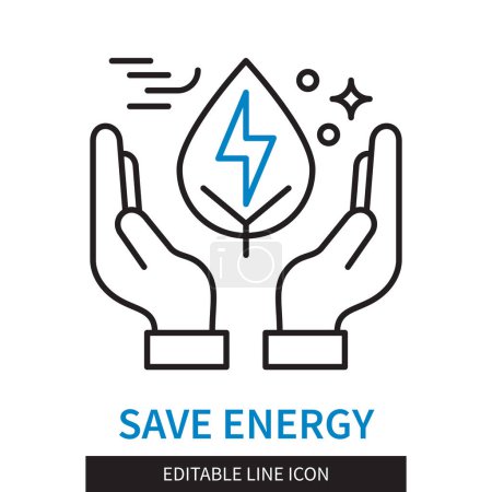 Illustration for Editable line Save Energy outline icon. Hands holding a leaf of a plant with a sign of lightning. Editable stroke icon isolated on white background - Royalty Free Image