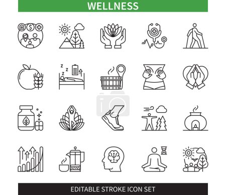 Illustration for Editable line Wellness outline icon set. Health, Massage, Nutrition, Running, Aromatherapy, Welfare, Yoga, Sauna. Editable stroke icons EPS - Royalty Free Image