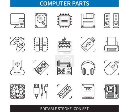 Illustration for Editable line Computer Parts outline icon set. Motherboard, Video Card, Cables, Headphones, USB Flash, Printer, Power Supply, CPU. Editable stroke icons EPS - Royalty Free Image