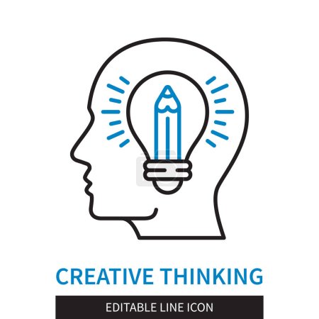 Illustration for Editable line Creative Thinking outline icon. Glowing light bulb and pencil inside the head. Editable stroke icon isolated on white background - Royalty Free Image