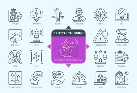 Illustration for Editable line Critical thinking outline icon set. Solution, Problem, Logic, Knowledge, Explanation, Vision, Solution, Forecasting. Editable stroke icons EPS - Royalty Free Image