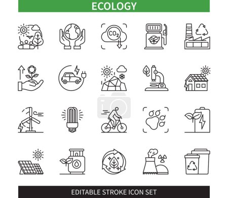 Editierbare Zeile Ecology outline icon set. Ökosystem, Recyclinganlage, Sonnenkollektoren, Fauna, CO2, Fahrrad, Tankstelle, Windkraftanlage. Editierbare Strichsymbole EPS