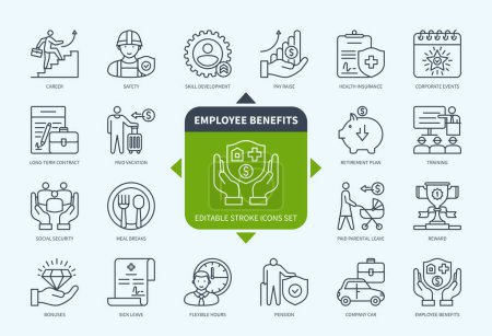 Illustration for Editable line Employee Benefits outline icon set. Insurance, Paid Vacation, Pension, Social Security, Meal Breaks, Bonuses, Career, Sick Leave. Editable stroke icons EPS - Royalty Free Image
