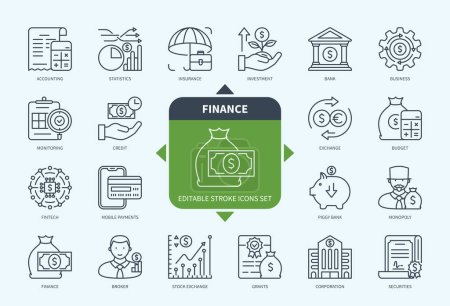 Illustration for Editable line Finance outline icon set. Securities, Insurance, Stock Exchange, Business, Piggy Bank, Accounting, Investment. Editable stroke icons EPS - Royalty Free Image