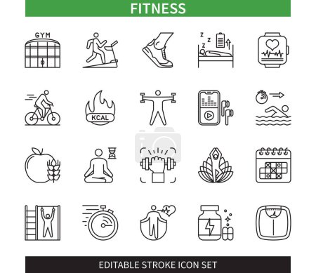 Illustration for Editable line Fitness outline icon set. Gym, Yoga, Jumping Ropes, Jungle Gym, Kcal, Bicycle, Swimming, Weight. Editable stroke icons EPS - Royalty Free Image