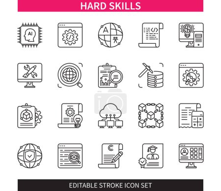 Illustration for Editable line Hard Skills outline icon set. Data Mining, Cybersecurity, Artificial Intelligence, Blockchain, Copywriting, Accounting, Cloud Computing. Editable stroke icons EPS - Royalty Free Image