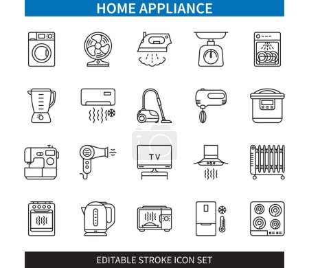 Editierbare Zeile Home Appliance outline icon set. Waschmaschine, Mikrowelle, Staubsauger, Kühlschrank, Elektroheizung, Bügeleisen, Ventilator, Küchenmixer. Editierbare Strichsymbole EPS