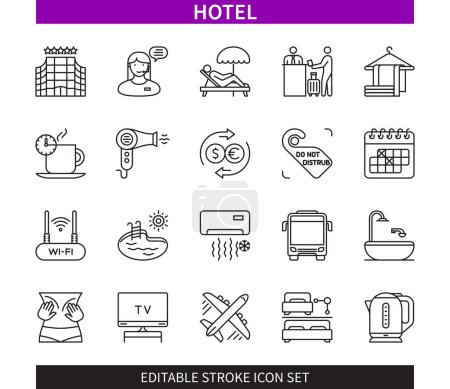 Illustration for Editable line Hotel outline icon set. Beach, Reception, Pool, Laundry, Air Conditioner, Bed Choice, TV, Exchange. Editable stroke icons EPS - Royalty Free Image