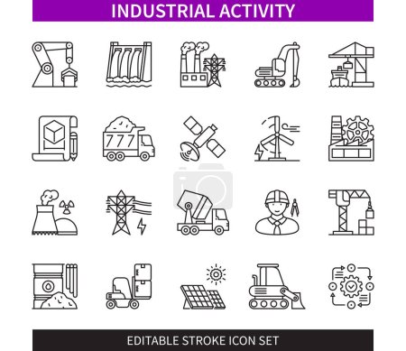 Illustration for Editable line Hotel outline icon set. Automation, Power Plant, Hydropower Plant, Process, Design, Resources, Solar Energy, Machinery. Editable stroke icons EPS - Royalty Free Image