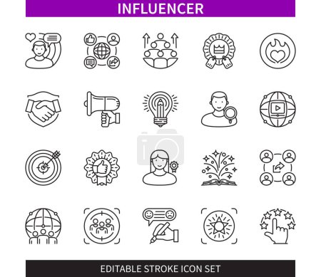 Illustration for Editable line Influencer outline icon set. Followers, Marketing, Ambassador, Feedback, Rating, Trust, Creativity, Expert. Editable stroke icons EPS - Royalty Free Image