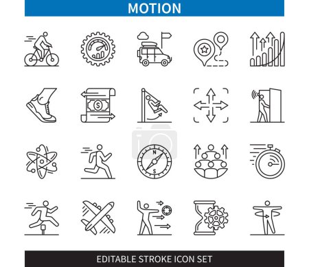 Illustration for Editable line Motion outline icon set. Run, Swing, Rotation, Direction, Time, Bicycle, Active, Quick. Editable stroke icons EPS - Royalty Free Image