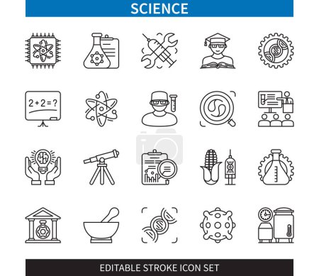 Illustration for Editable line Science outline icon set. Laboratory, Scientist, Telescope, Mathematics, Biology, Knowledge, Student, Chemistry. Editable stroke icons EPS - Royalty Free Image