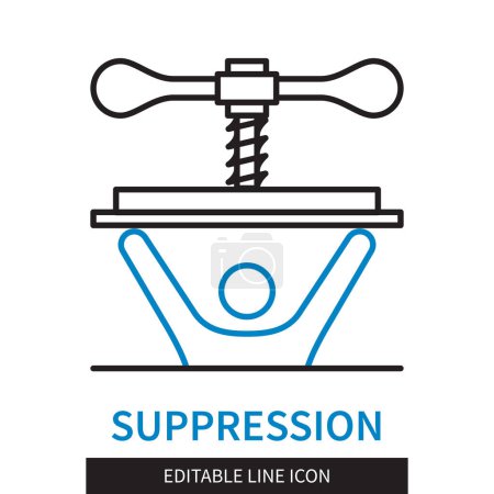 Illustration for Editable line Suppression outline icon. The press puts pressure on a person. Repressive actions of the authorities. Editable stroke icon isolated on white background - Royalty Free Image