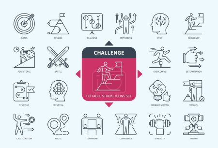 Illustration for Editable line Challenge outline icon set. Motivation, Goals, Potential, Overcome, Strength, Problem Solving, Trophy, Fear. Editable stroke icons EPS - Royalty Free Image