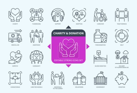 Editierbare Zeile Charity and Donation outline icon set. Gemeinde, Medizinische Hilfe, Gesellschaft, Adoption, Hilfe, Unterstützung, Miteinander, Ehrenamtliche. Editierbare Strichsymbole EPS