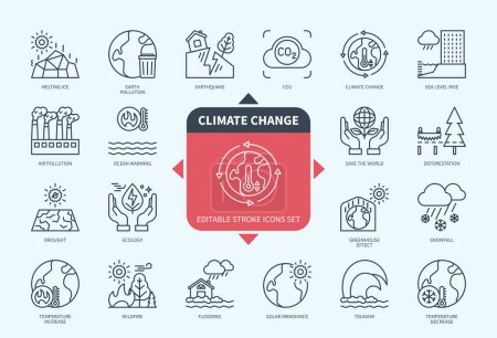 Illustration for Editable line Climate Change outline icon set. Air Pollution, Deforestation, Flooding, Earthquake, Wildfire, Drought, Solar Irradiance, Save the World. Editable stroke icons EPS - Royalty Free Image