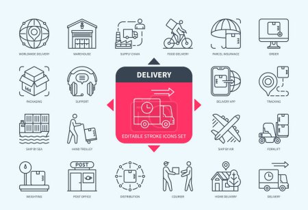 Illustration for Editable line Delivery outline icon set. Food Delivery, Weighting, Supply Chain, Support, Insurance, Order, Forklift, Worldwide Delivery. Editable stroke icons EPS - Royalty Free Image