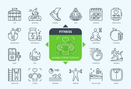Illustration for Editable line Fitness outline icon set. Gym, Yoga, Nutrition, Smart Watch, Kcal, Bicycle, Swimming, Weight. Editable stroke icons EPS - Royalty Free Image