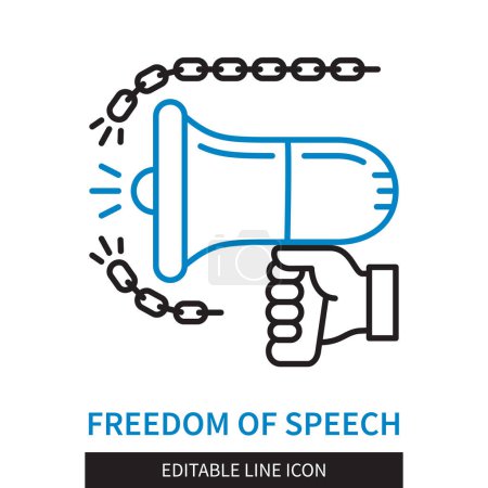 Illustration for Editable line Freedom of Speech outline icon. A hand holds a loudspeaker breaking the circuits. Say no to the dictatorship and tyranny. Editable stroke icon isolated on white background - Royalty Free Image
