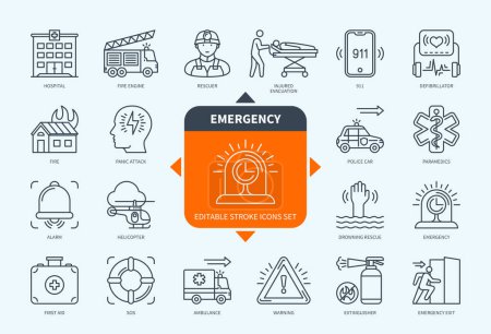 Illustration for Editable line Emergency outline icon set. Injured Evacuation, Rescuer, Hospital, 911, Ambulance, Police, Emergency, First Aid. Editable stroke icons EPS - Royalty Free Image