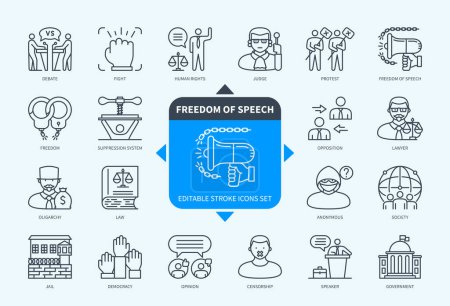 Illustration for Editable line Freedom of Speech outline icon set. Protest, Anonymous, Freedom, Law, Censorship, Opinion, Democracy, Government. Editable stroke icons EPS - Royalty Free Image