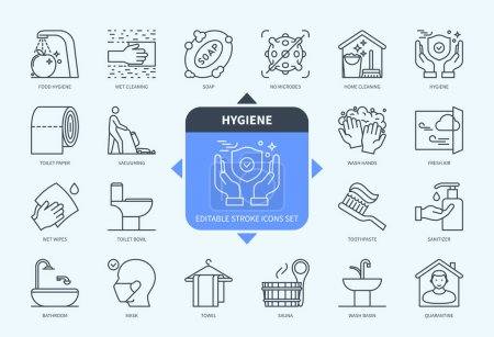 Illustration for Editable line Hygiene outline icon set. Food Hygiene, Vacuum Cleaner, Wet Wipes, Bathroom, Soap, Toothpaste, Fresh Air, Quarantine. Editable stroke icons EPS - Royalty Free Image