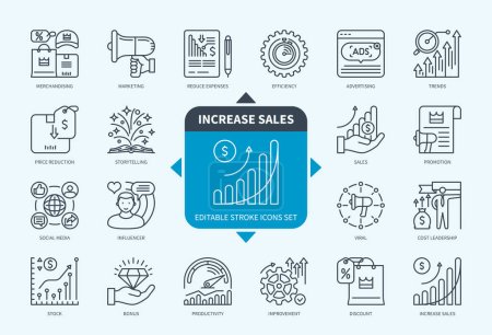 Illustration for Editable line Increase sales outline icon set. Profit, Price Reduction, Marketing, Trends, Story Telling, Strategy, Social Media, Advertising. Editable stroke icons EPS - Royalty Free Image